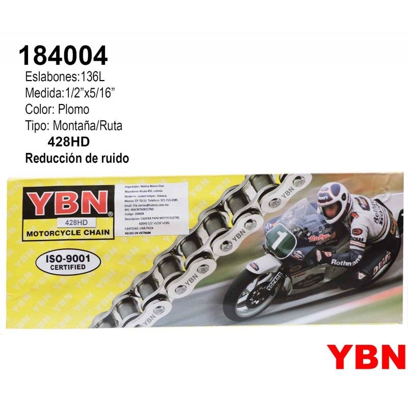 (184004) CADENA PARA MOTO YBN HD 428X136 CAJITA