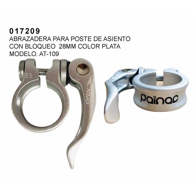 (017209) ABRAZADERA CON BLOQUEO PARA POSTE DE ASIENTO 28.6 MM COLOR PLATA MODELO AT-109+SQR MARCA PAINAC