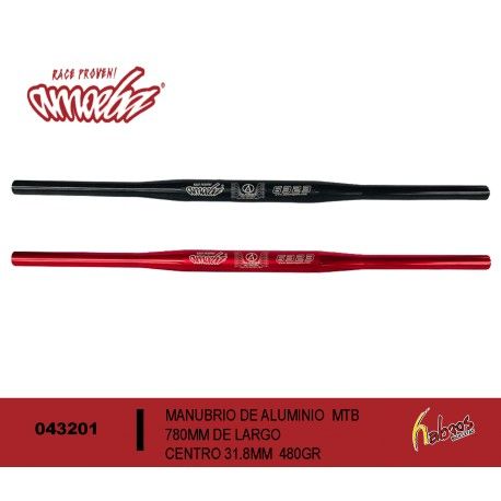 (043201) MANUBRIO ALUMINIO MTB DE 780MM DE LARGO, CENTRO DE 31.8MM, ÁNGULO 0°. VARIOS COLORES. 480GR AMOEBA