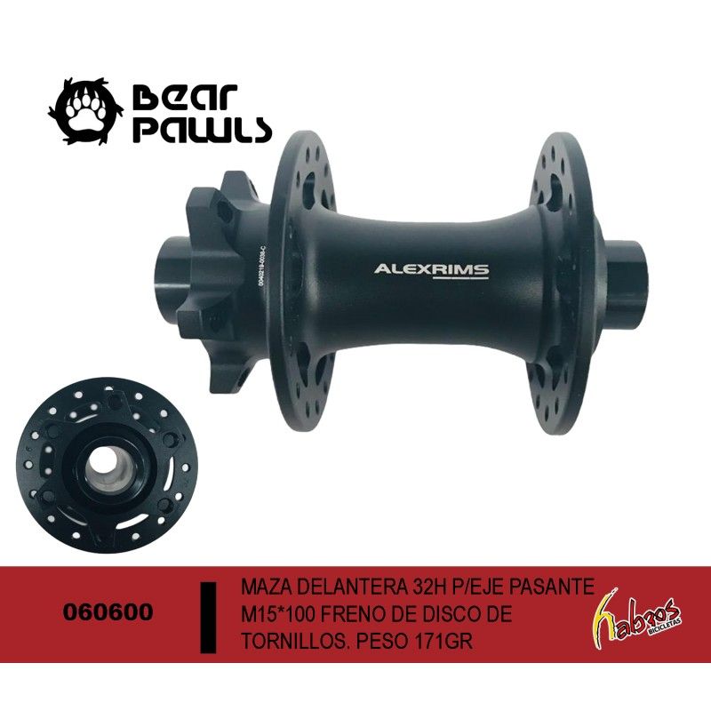 (060600) MAZA DELANTERA 32H PARA EJE PASANTE M15*100, FRENO DE DISCO DE TORNILLOS. COLOR NEGRO. PESO 171GR BEARPAWL