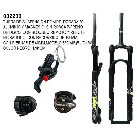 (032230) TIJ DE SUSPENSIÓN DE AIRE, ROD 29 DE ALUM/MAGN, S/ROSCA, CON BLOQUEO REMOTO Y REBOTE HIDRA, HOLLER. PESO 1.9KGS