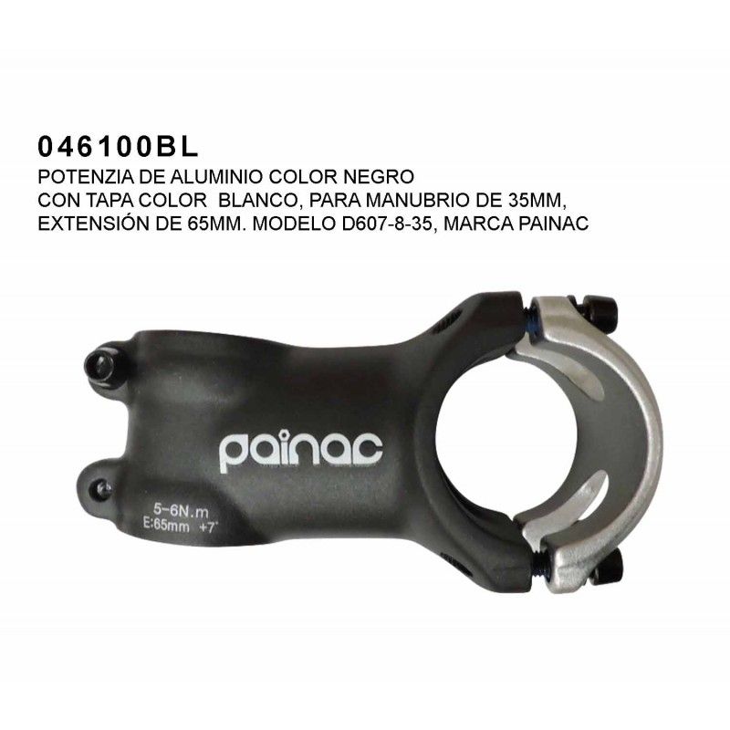 046100BL (POTENZIA DE ALUMINIO MODELO:D607-8-35 COLOR NEGRO CON TAPA COLOR BLANCO, PARA MANUBRIO DE 35MM, EXTENSIÓN DE 65MM)